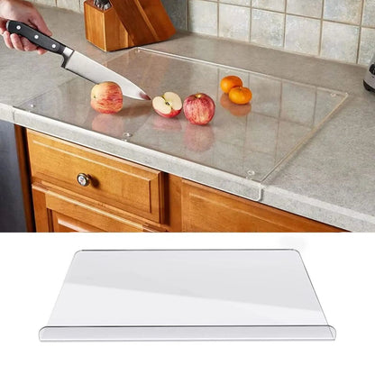 Clear acrylic cutting board with counter lip by Belro, showing a sleek, transparent surface with a raised edge for kitchen food prep.