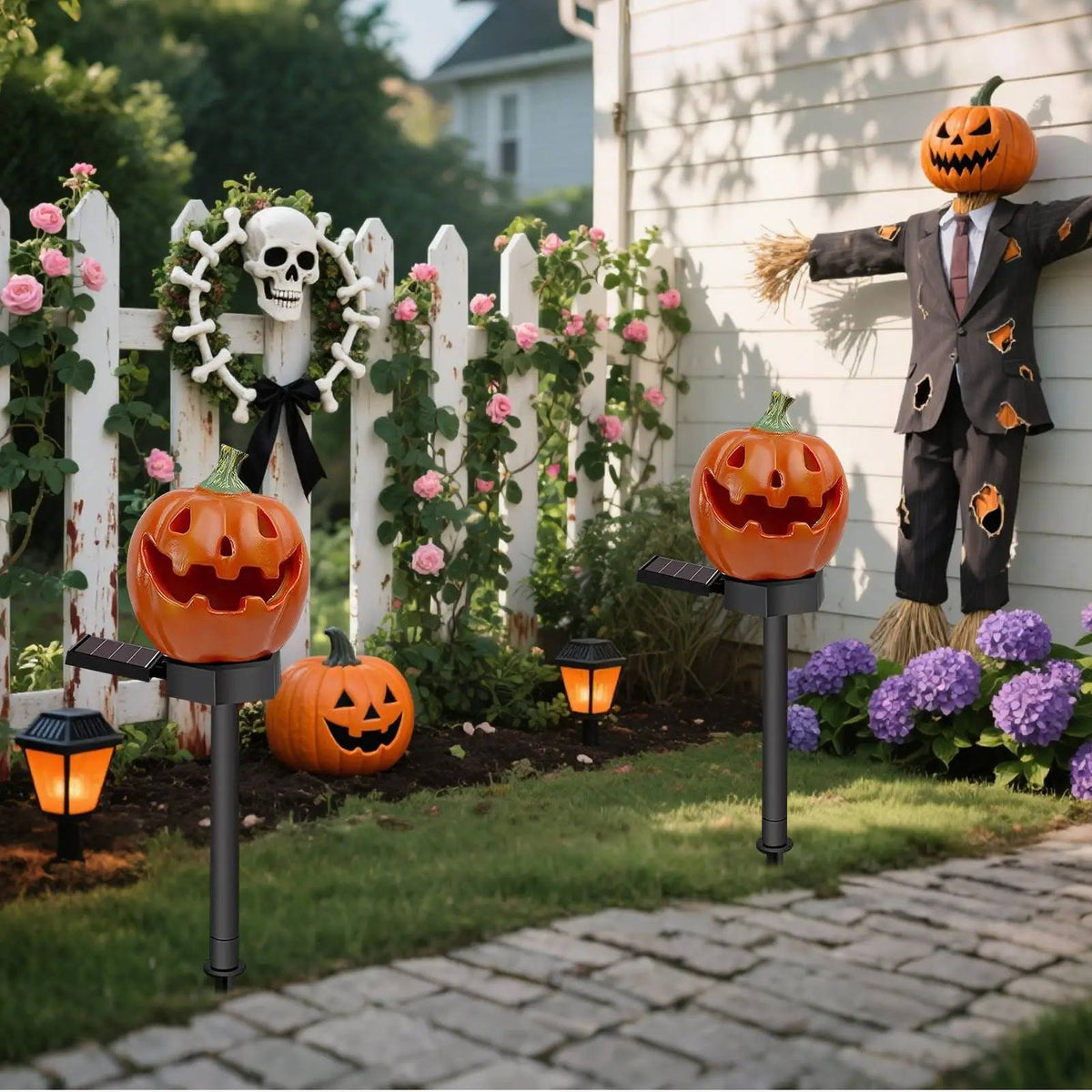 Belro Light Up Pumpkin Halloween pathway lights for outdoor home and garden décor, featuring illuminated orange pumpkins.
