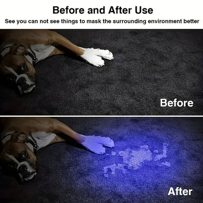 Belro rechargeable ultraviolet UV flashlight with zoomable feature, designed for clothing inspection and ultraviolet light detection.