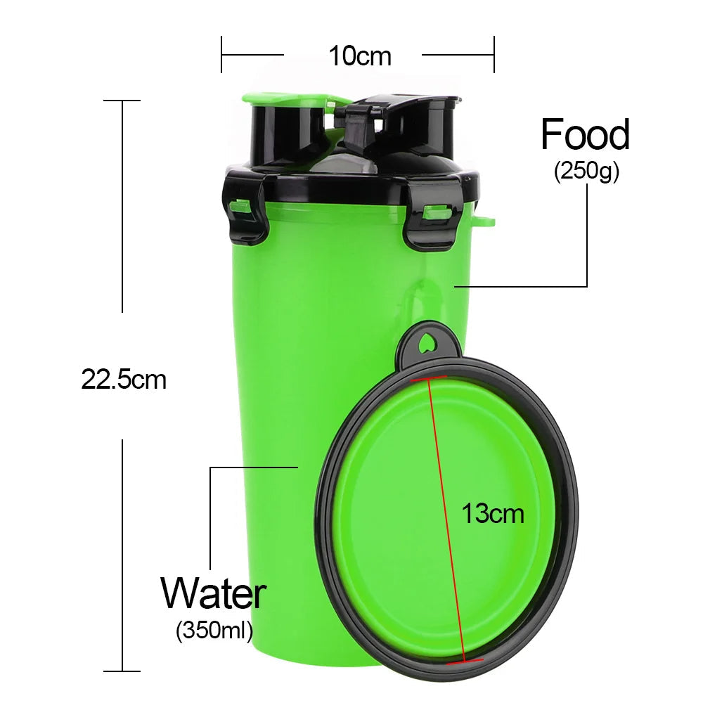 Belro 2-in-1 collapsible pet water bottle and feeder for dogs, featuring a compact design with water and food compartments.