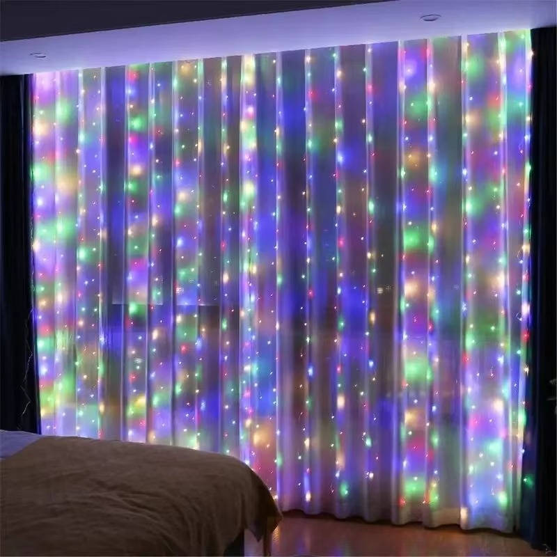 Belro Curtain LED Lights hanging outdoors, ideal for home and garden decor, with bright string lights creating a cozy ambiance.
