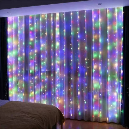 Belro Curtain LED Lights hanging outdoors, ideal for home and garden decor, with bright string lights creating a cozy ambiance.