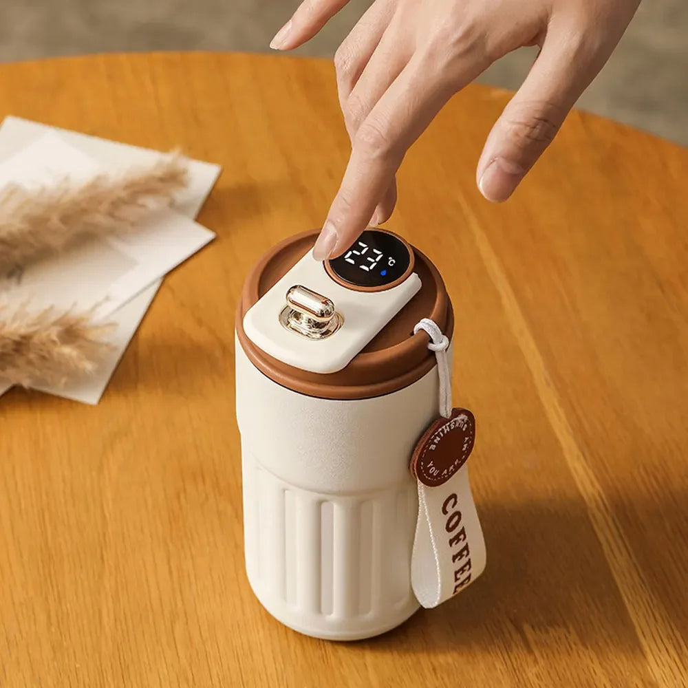 Belro 450ml smart travel mug with LED display showing temperature, designed for hot and cold beverages.