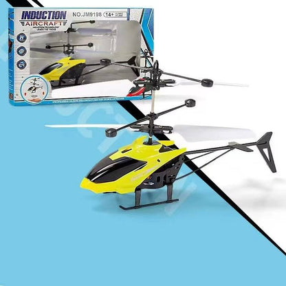 Belro RC helicopter toy flying outdoors, showcasing remote-controlled helicopter in vibrant colors with spinning blades.