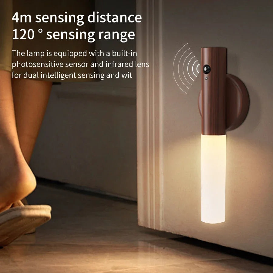 Belro wood grain motion sensor night light with magnetic base, sleek electronic lighting fixture for nighttime illumination.