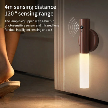 Belro wood grain motion sensor night light with magnetic base, sleek electronic lighting fixture for nighttime illumination.