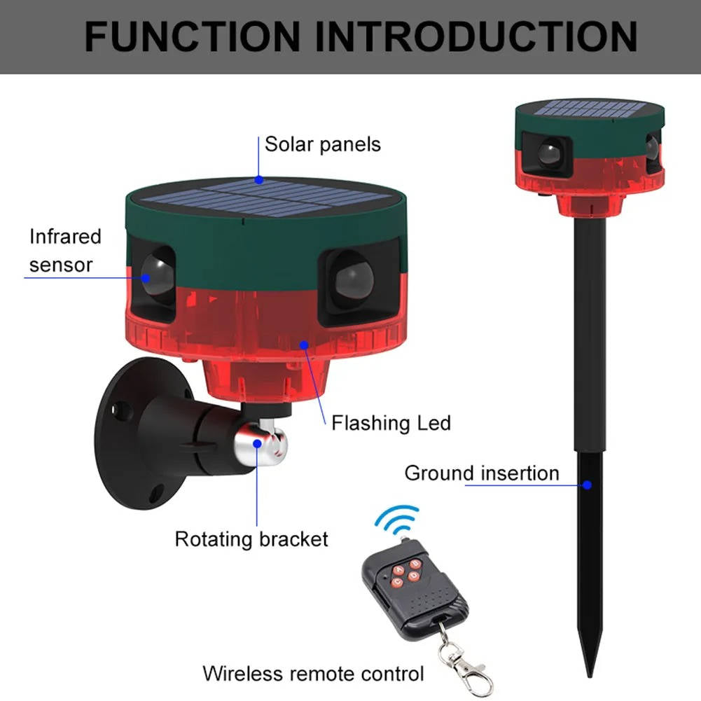 Belro 360-degree solar repeller for pigeons, birds, wild boars, rabbits, and deer in outdoor pest control for home and garden.
