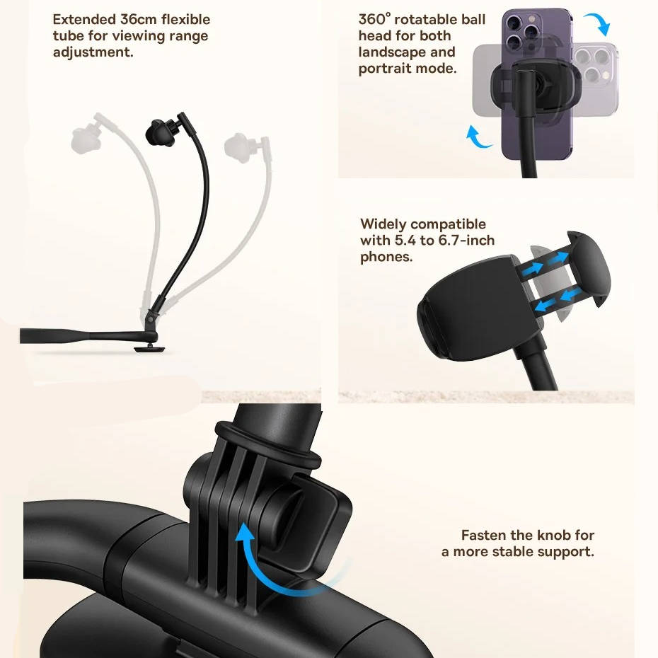 Belro adjustable cell phone holder mounted on a desk, bed, or mattress showing flexible design and secure grip for hands-free use.