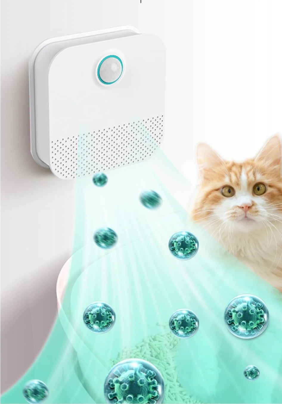 Belro Smart Odor Purifier for cat litter box, compact device with sleek design, used to eliminate odors effectively.