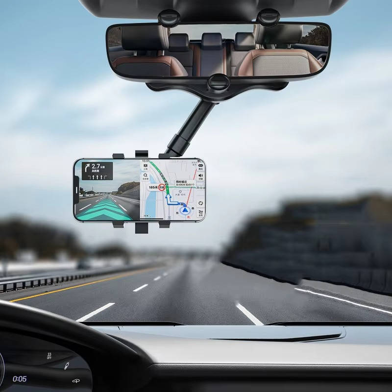 Belro rotatable and retractable car phone holder mounted on a dashboard, showcasing adjustable arms and secure grip for smartphones.