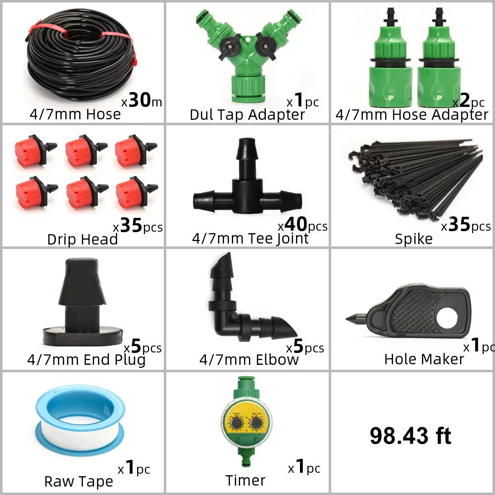 Belro drip irrigation system with automatic timer for efficient garden watering, showing hoses, connectors, and control unit.