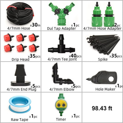 Belro drip irrigation system with automatic timer for efficient garden watering, showing hoses, connectors, and control unit.