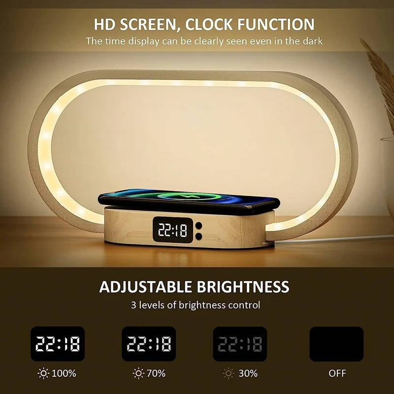 Belro alarm clock with wireless charging pad and built-in night light, electronic device for bedside convenience.