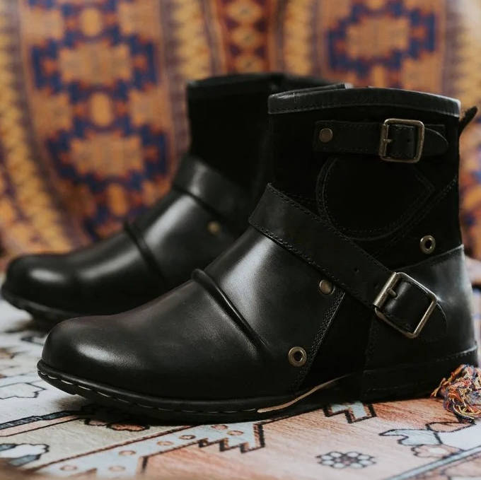 Men's vintage style buckled ankle boots by Belro featuring leather upper, buckle straps, and classic boot design.