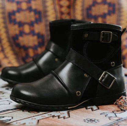 Men's vintage style buckled ankle boots by Belro featuring leather upper, buckle straps, and classic boot design.