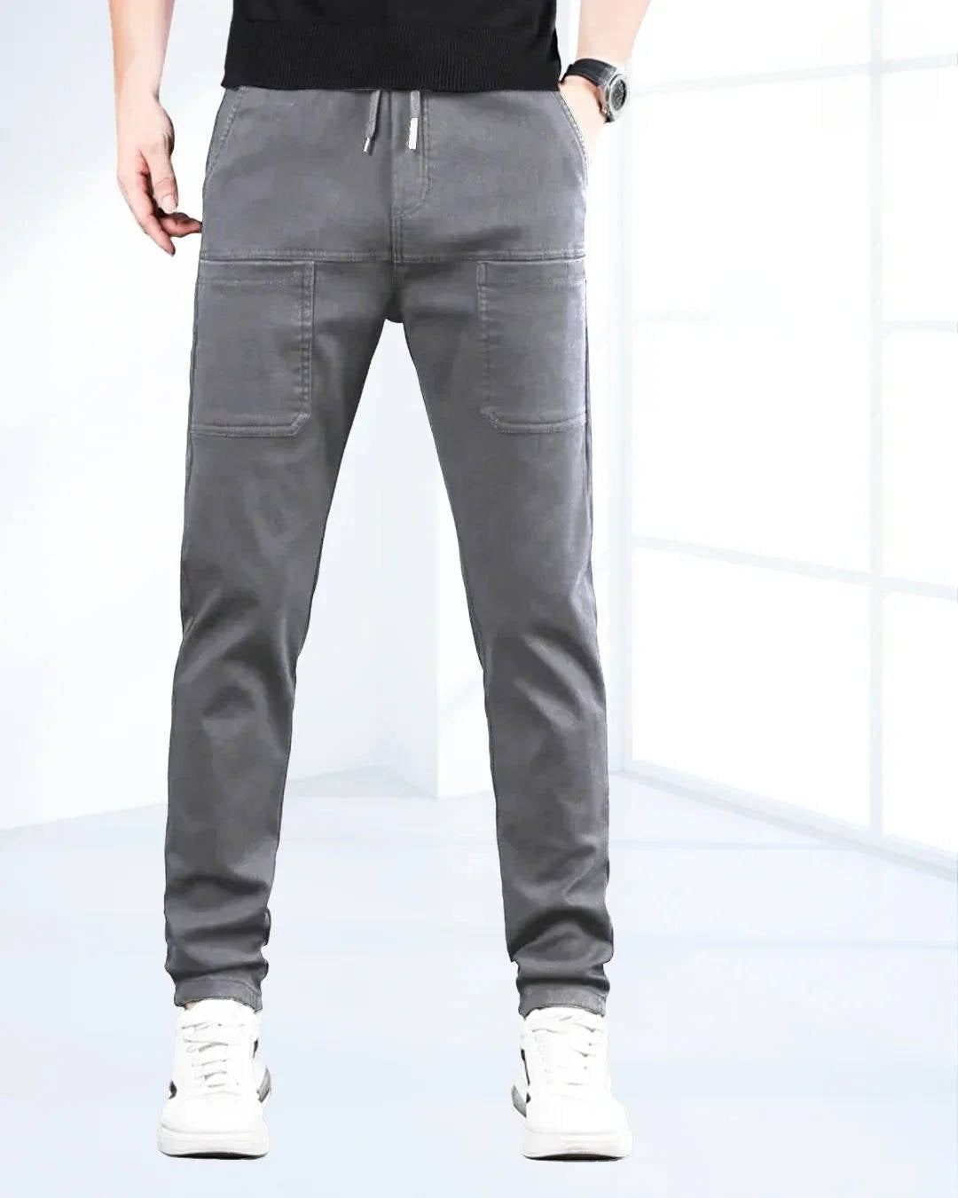 Men's high stretch cargo pants by Belro featuring multiple utility pockets and a comfortable, tapered fit in a neutral color.