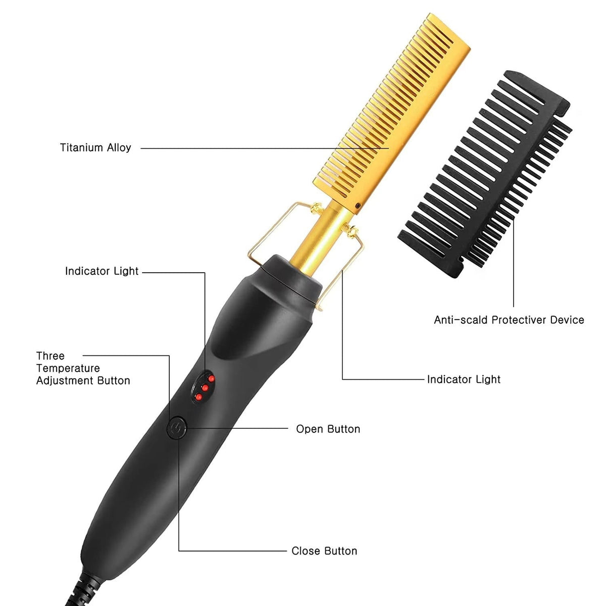 Belro hot comb for black, thick, coarse hair, showcasing a sleek black heated styling tool on a white background.