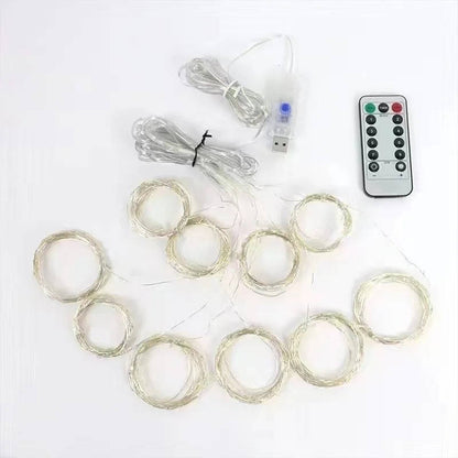 Belro Curtain LED Lights hanging outdoors, decorative string lights for home and garden ambiance, warm white glow visible in the image