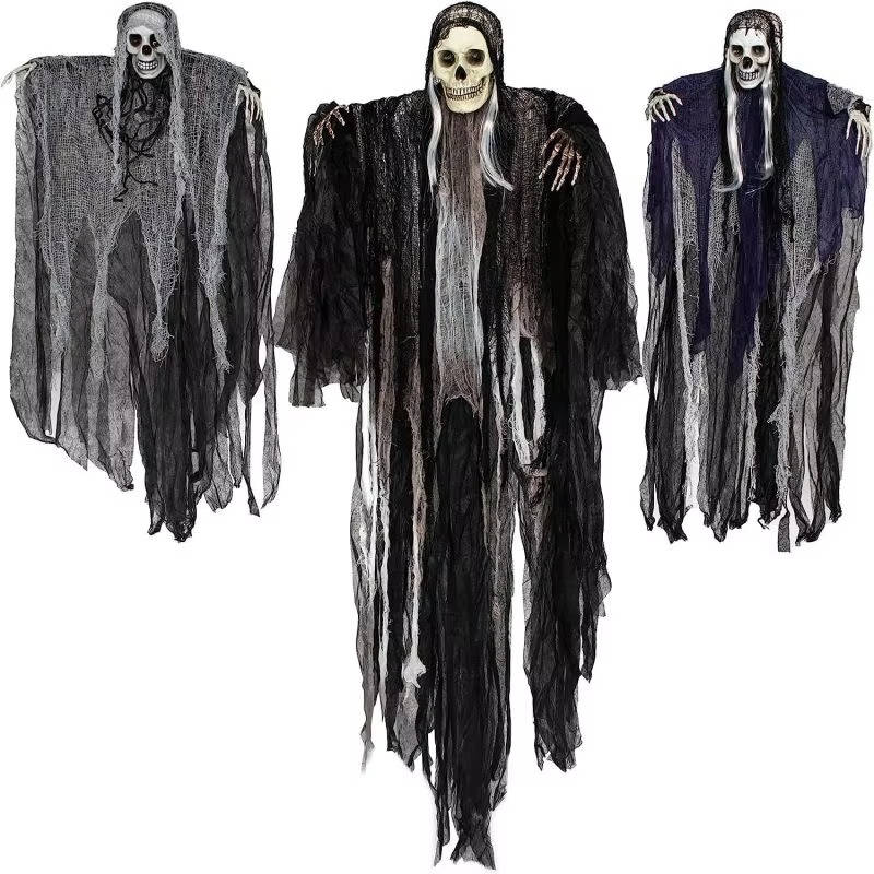 Belro Halloween hanging decorations set of three featuring realistic spooky costumes for outdoor and indoor Halloween decor.