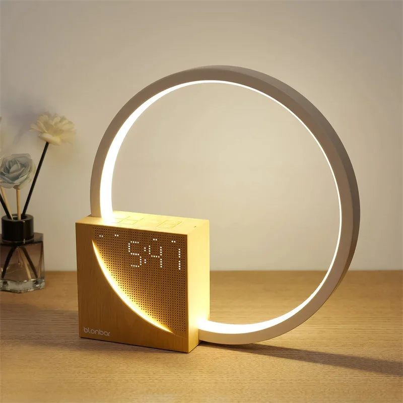 Belro Touch Bedside Table Lamp with natural sounds and alarm clock, showcasing its sleek design and control panel in a bedroom setting.