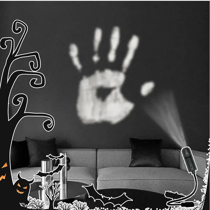 Belro Halloween light projector displaying spooky Halloween-themed images on a wall in a dark room