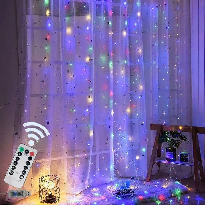 Belro Curtain LED Lights hanging outdoors, ideal for home and garden decor, with warm string lights and fabric curtain backdrop.