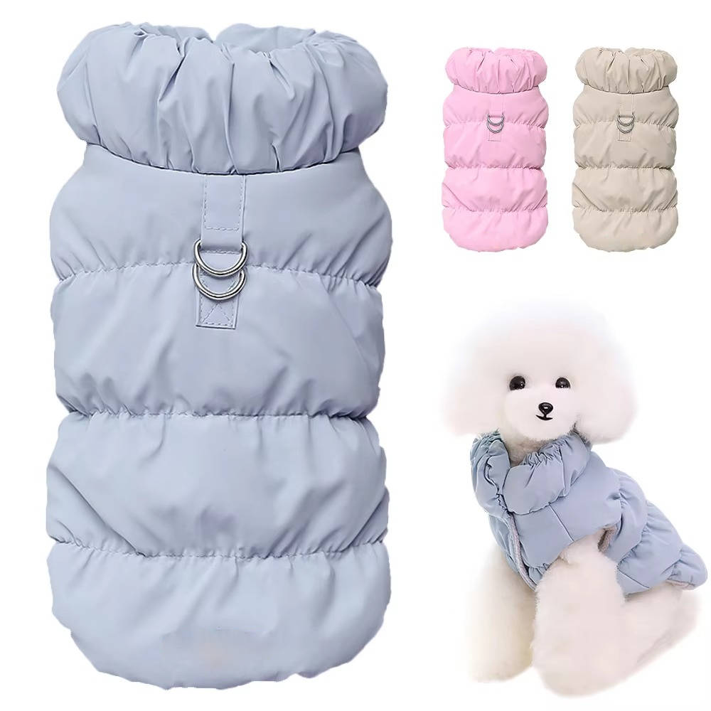 Small dog wearing a Belro warm winter jacket with a cozy, insulated design perfect for cold weather.