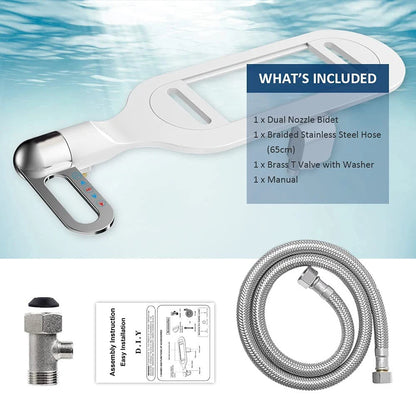 Belro ultra-thin bidet attachment for toilet, showing sleek design and control nozzle for improved hygiene and comfort.