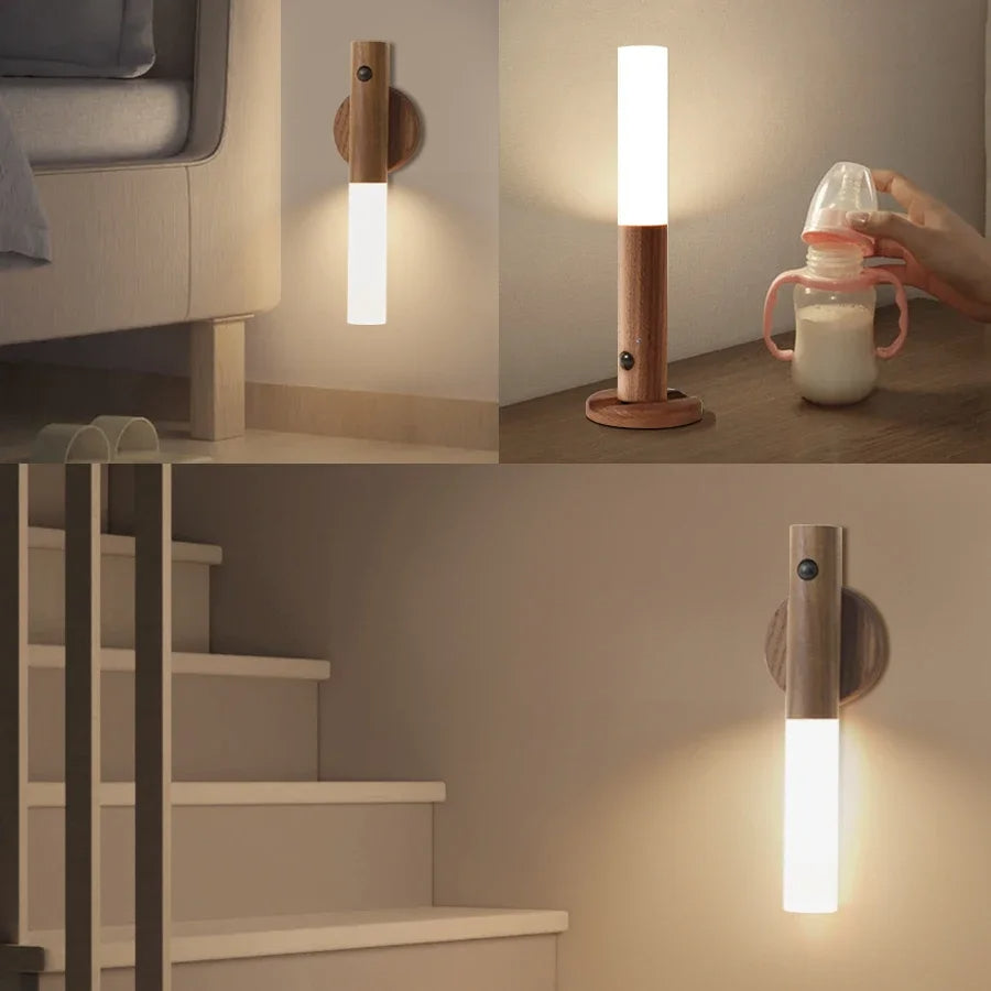 Belro wood grain motion sensor night light with magnetic base, designed for easy placement and ambient lighting in dark spaces.