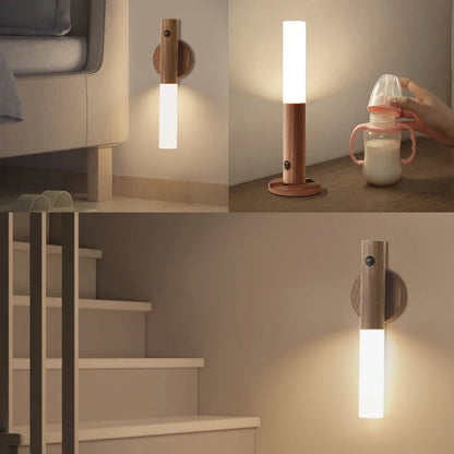 Belro wood grain motion sensor night light with magnetic base, designed for easy placement and ambient lighting in dark spaces.