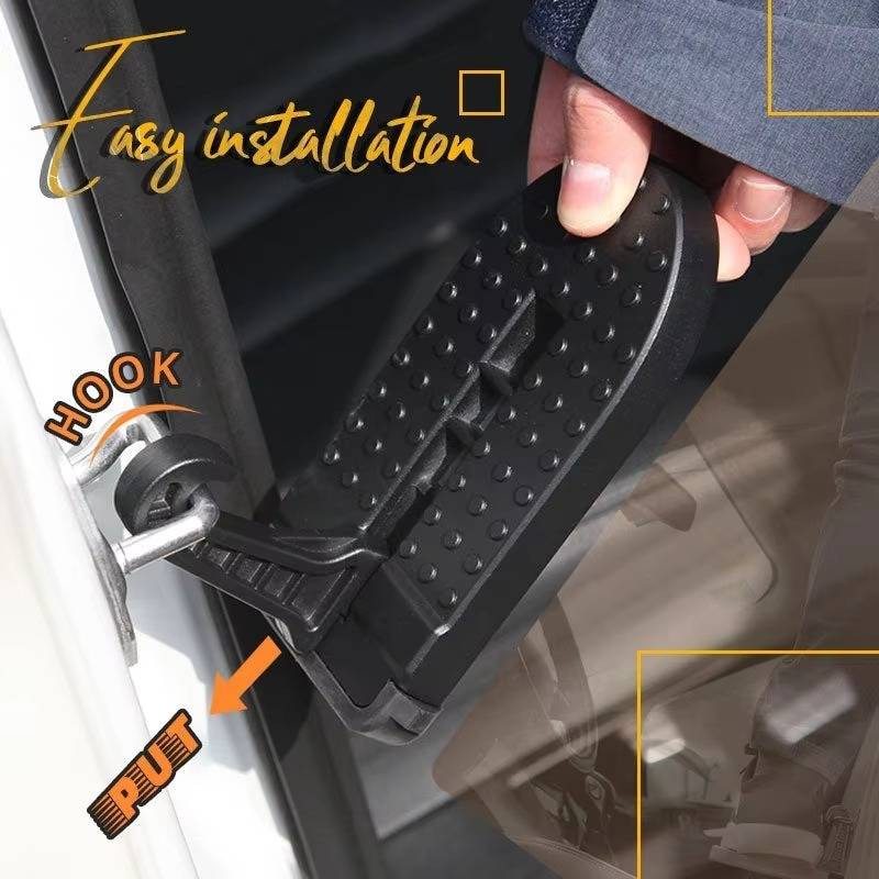 Belro universal fit car door step for easy access, shown attached to a vehicle door in a home and garden storage setting.