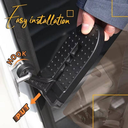 Belro universal fit car door step for easy access, shown attached to a vehicle door in a home and garden storage setting.