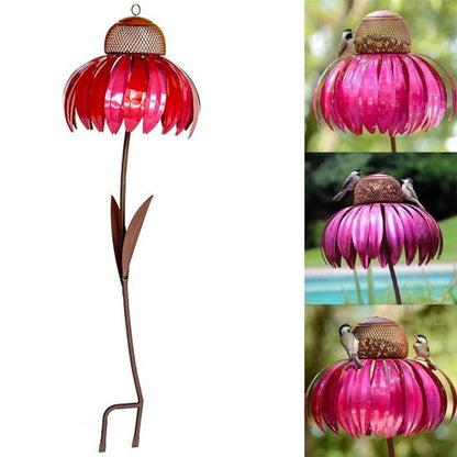 Belro outdoor flower bird feeder with decorative floral design, hanging from a tree in a garden setting.