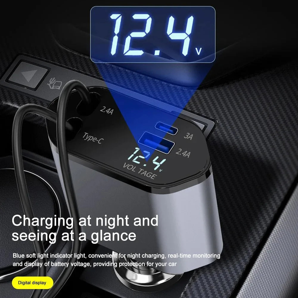 Belro 120W retractable car charger connected to a vehicle's power outlet, compact electronic device for charging on the go.
