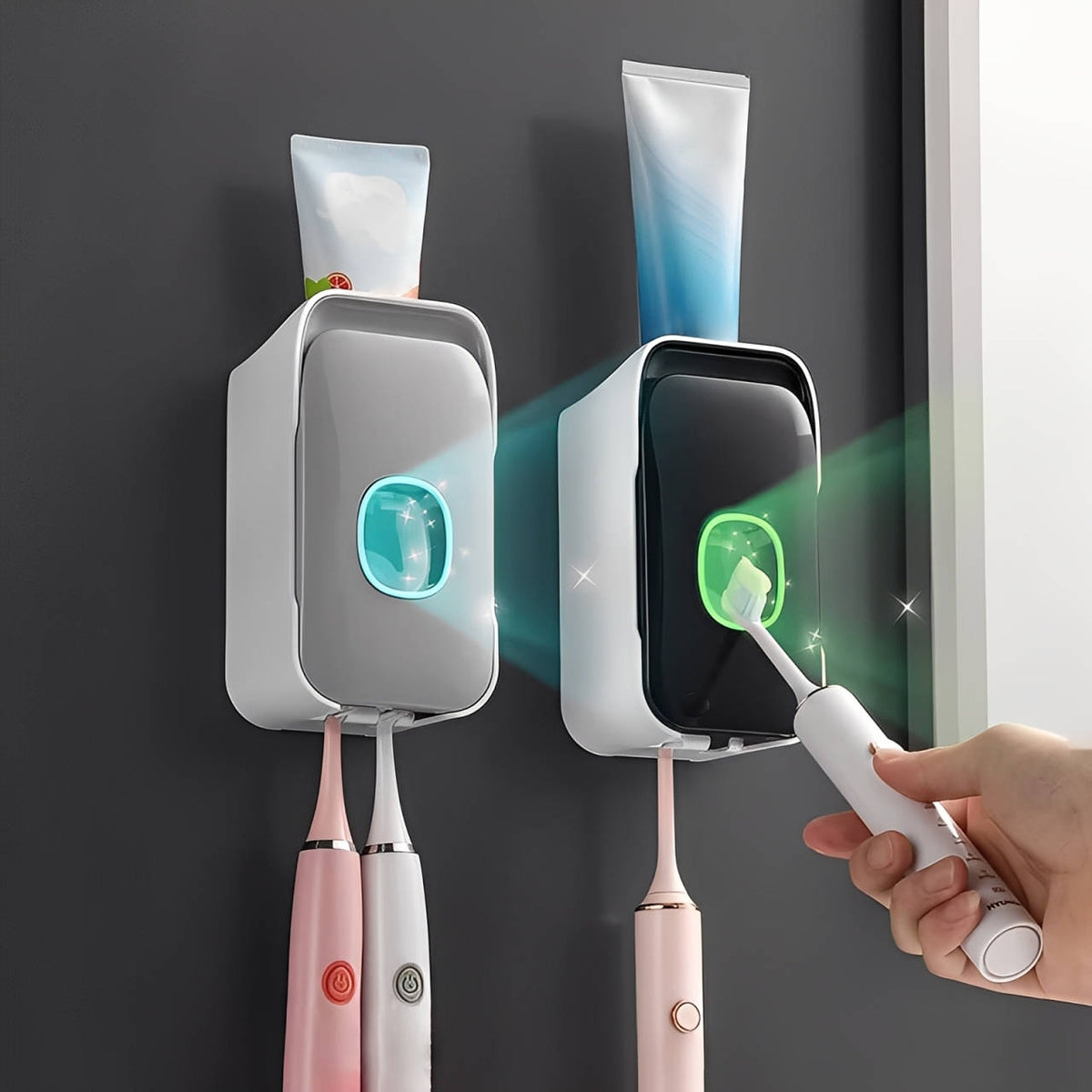 Wall-mounted Belro Automatic Toothpaste Dispenser in white, showing the sleek dispenser ready for use in a bathroom setting.