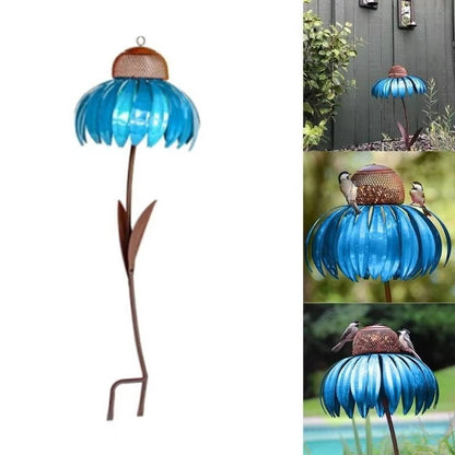 Belro outdoor flower bird feeder hanging from a garden hook, designed to attract birds with vibrant floral accents.