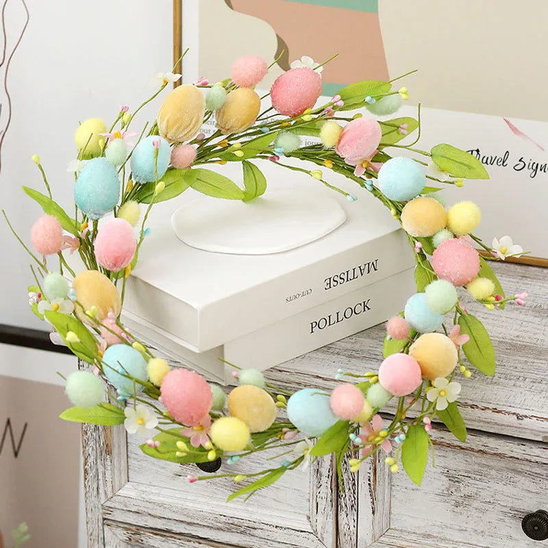 Colorful spring floral Easter egg wreath by Belro, decorated with vibrant flowers and eggs, ideal for holiday home decor.