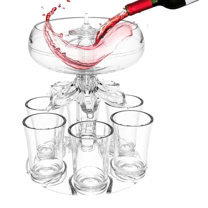 Belro 6-shot glass drink dispenser with clear plastic glasses and a black base, designed for convenient shot serving and party use.