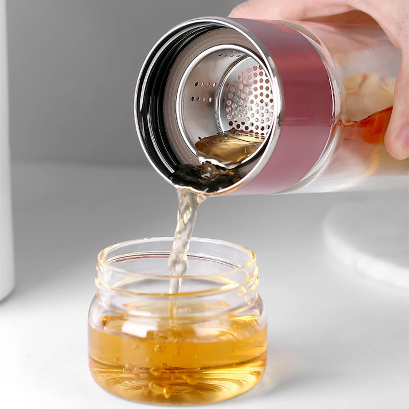 Belro 430ml borosilicate glass double layer tea infuser with stainless steel mesh for loose leaf tea brewing in kitchen.