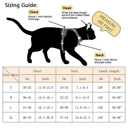 Reflective Belro cat harness and leash set with adjustable straps and secure clip, designed for safe night walks.