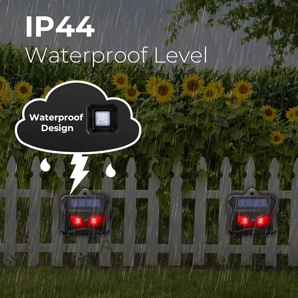 Two solar-powered ultrasonic animal repellents by Belro for outdoor pest control in home and garden.
