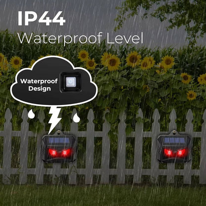 Two solar-powered ultrasonic animal repellents by Belro for outdoor pest control in home and garden.