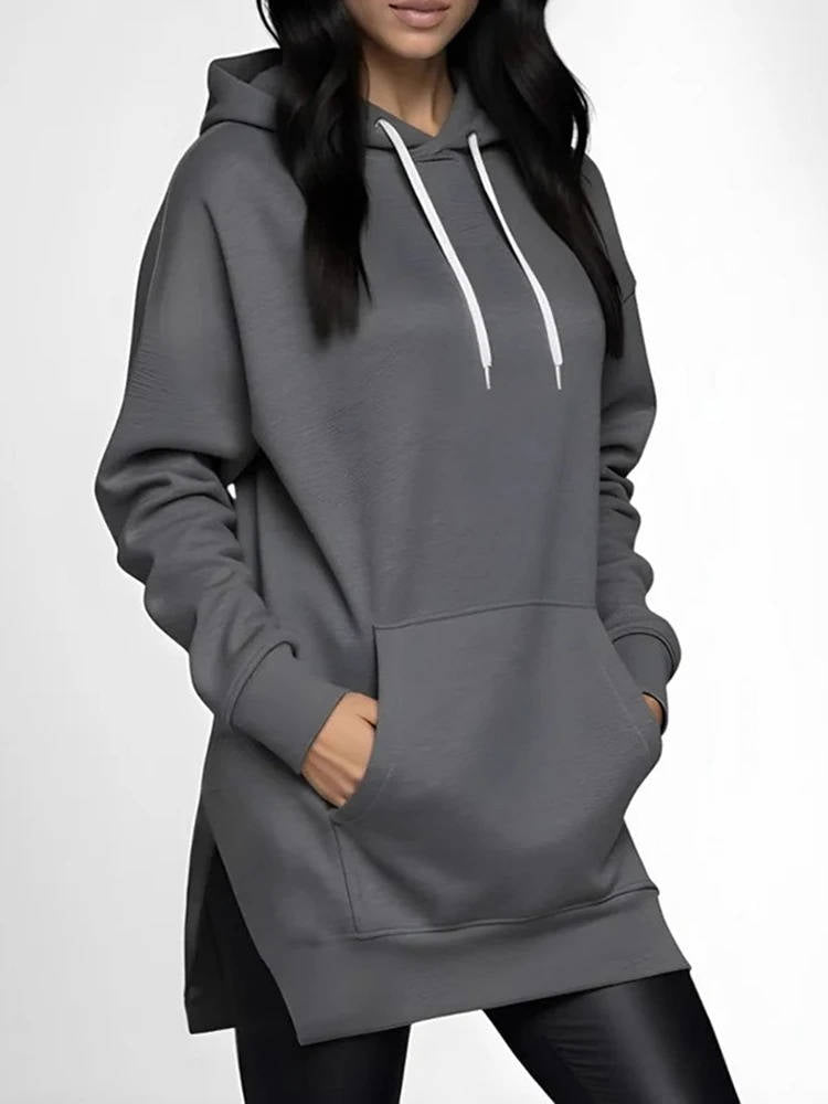 Belro oversized hoodie dress, cozy and relaxed fit, shown in soft fabric with long sleeves and hood, perfect for casual wear.