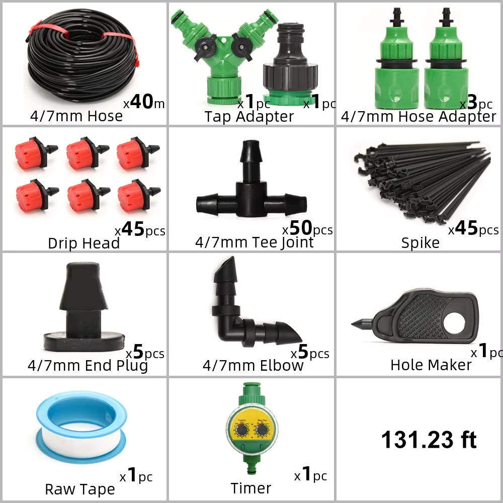 Belro drip irrigation system with automatic timer, tools and hardware for efficient garden watering setup.