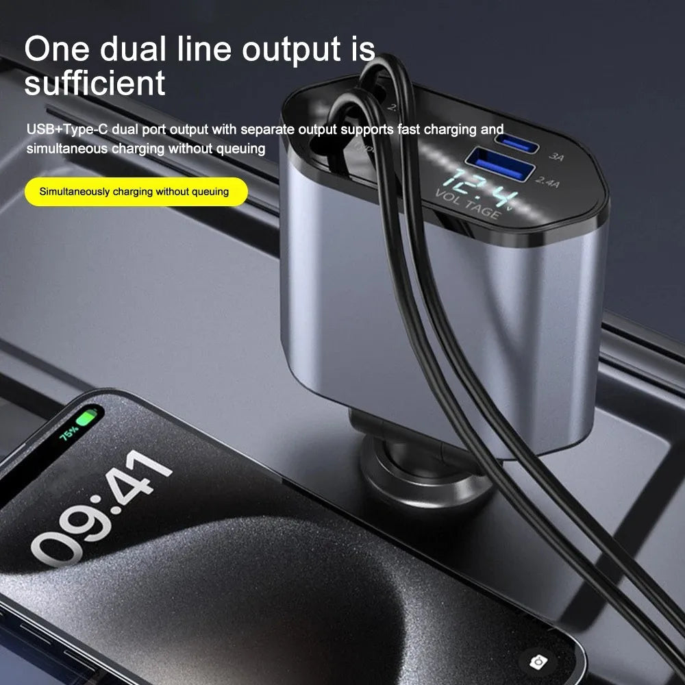 Belro 120W retractable car charger plugged into a vehicle's cigarette lighter socket, with a retractable cable for electronic device charging.
