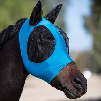 Belro horse fly mask in outdoor setting, lightweight mesh fabric with adjustable straps for horse protection from flies.