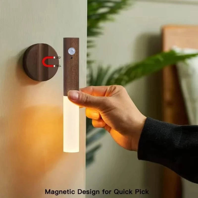 Belro plug-in motion sensor night light illuminating a bedroom, providing automatic lighting with a sleek electronic design.