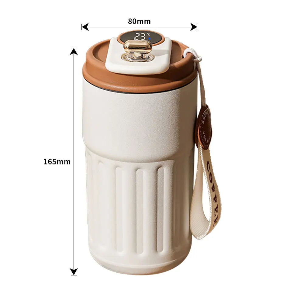 Belro 450ml smart travel mug with LED display showing temperature, black plastic body, lid, and ergonomic handle.