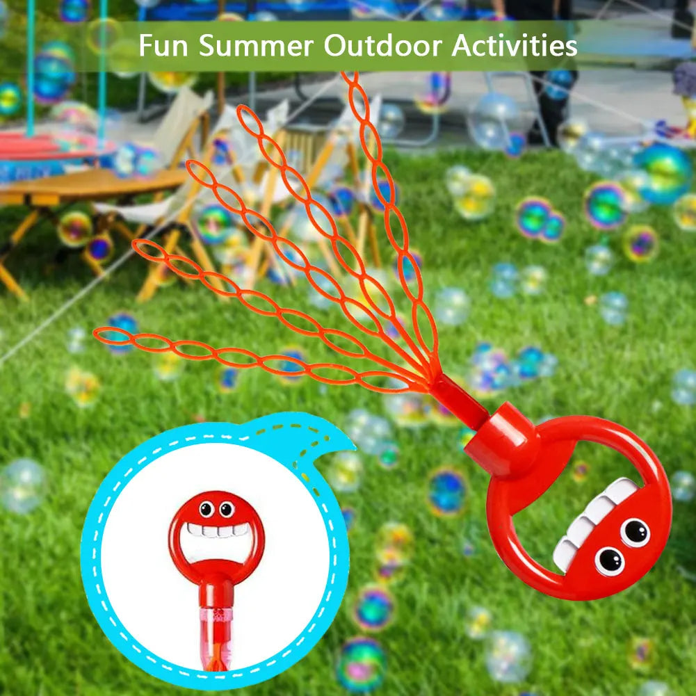 Belro 32-hole smiling face bubble wand in bright colors, outdoor toy for kids, creating large bubbles during playtime.