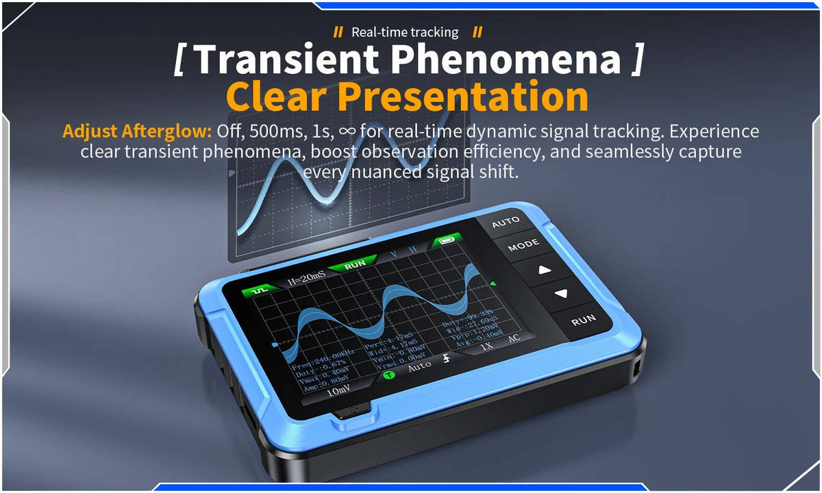 Belro portable digital oscilloscope resting on a sleepwear robe, showcasing its compact design and portable features.